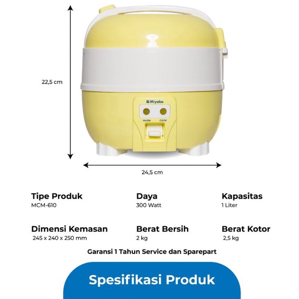 MIYAKO RICE COOKER / MAGIC COM MCM 610 / MCM-610 (1 LITER) GARANSI RESMI