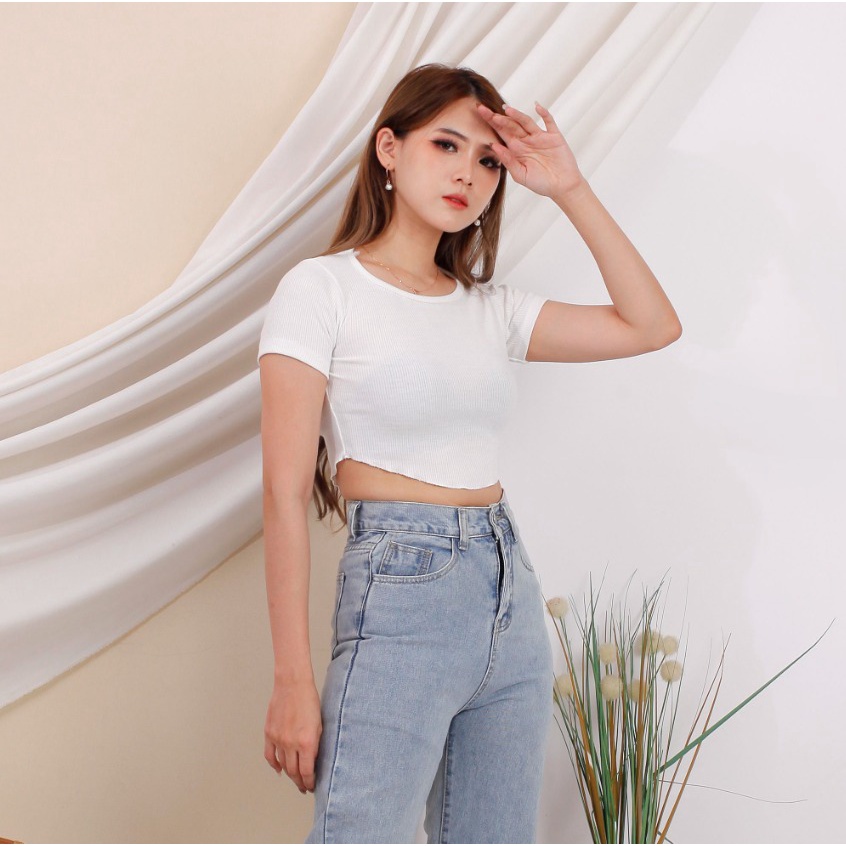 CAVALU Korean Crop Top Knit Crop Tee Unfinished Kaos Wanita Basic Tee 098