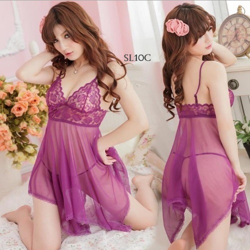 [STOK TERBATAS] BAJU TIDUR SEXY LINGERIE TRANSPARAN NIGHTGOWN LACE UNGU SL10C