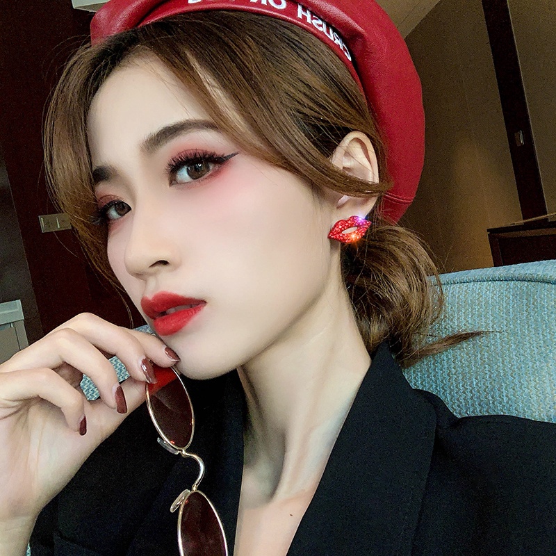 Anting Tusuk Sterling Silver 925 Model Bibir Merah Api Dengan Rumbai Panjang Untuk Wanita