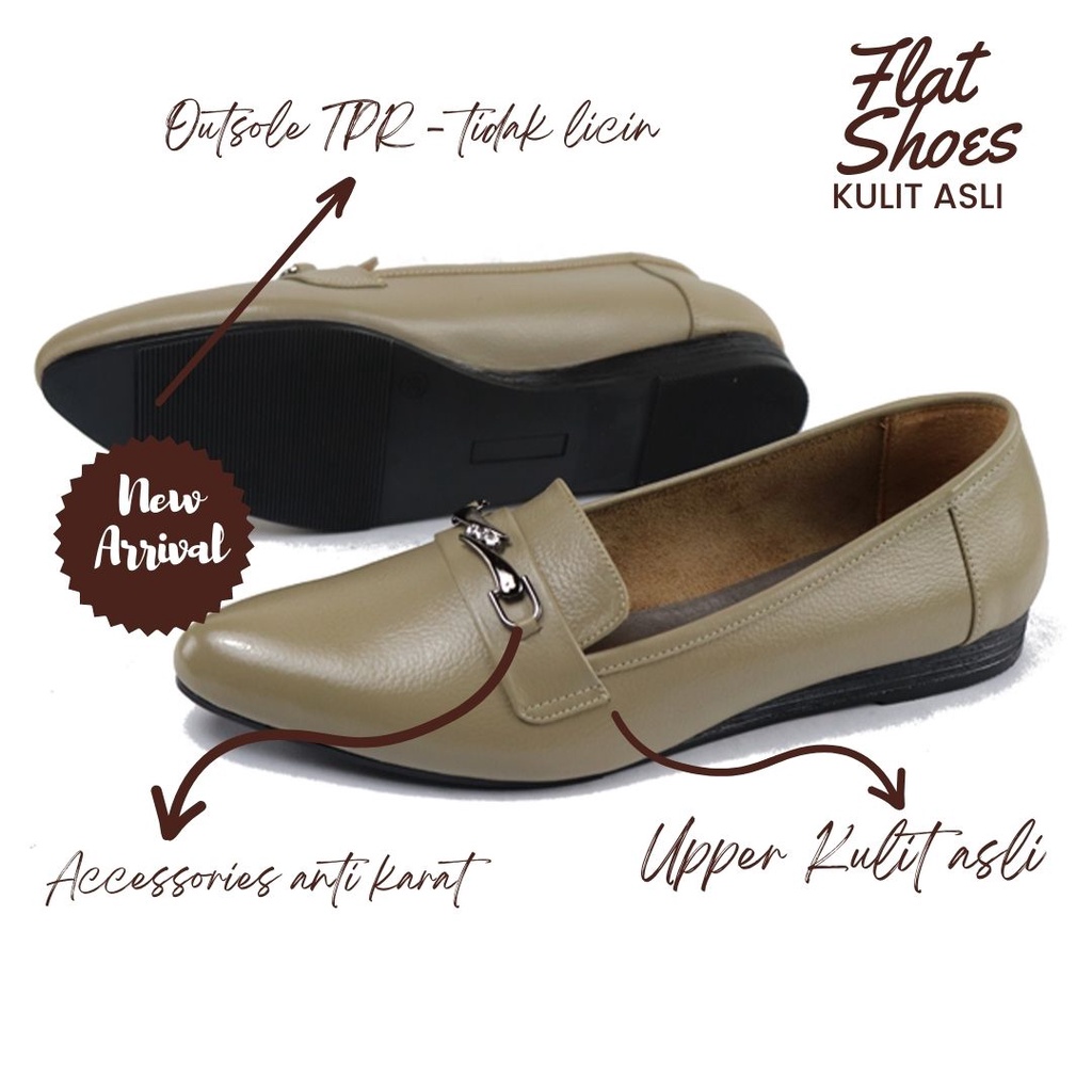 Sepatu Wanita Flat Pantofel Kerja Bahan Kulit Asli CPC 1305 Cream