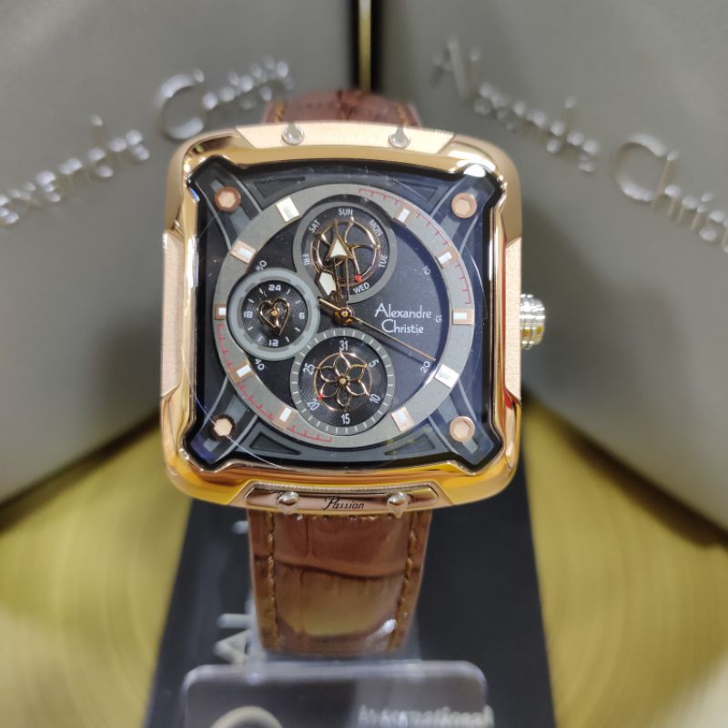 Jam Alexandre Christie AC 3030 BF LTR Wanita Rosegold Silver Kulit Coklat Segi