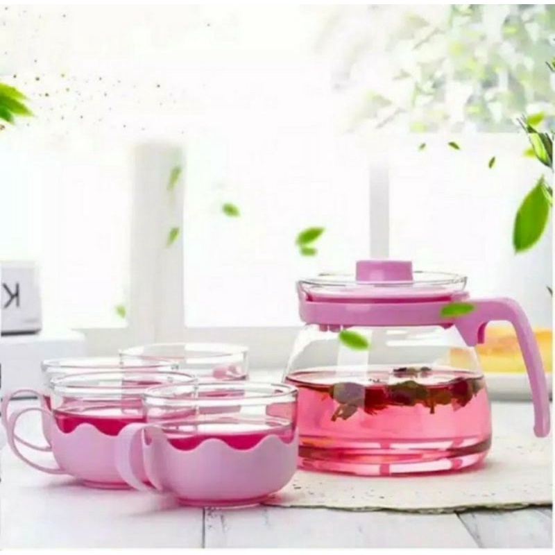 Teapot Set Gelas 4 Pcs Teko 1pcs Bahan Kaca Gelas Teko Warna (include wrap pengiriman)