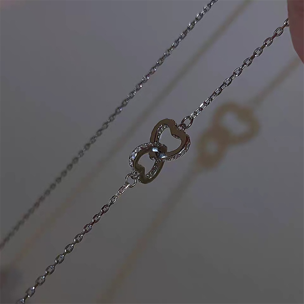 Kalung Rantai Model Double Layer Desain Hati Warna Silver Gaya Korea Untuk Wanita