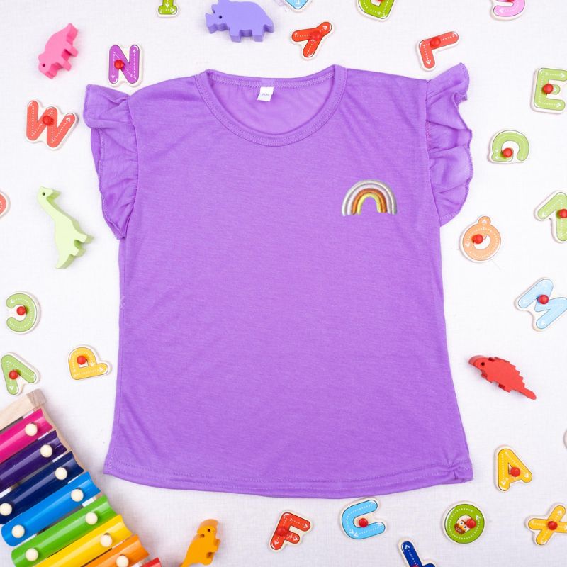 KAOS ANAK CEWEK KAOS RUFFLE TEE RAINBOW ANAK PEREMPUAN 1-5 Thn / Baju Kaos Cewek Model Tangan kupu-kupu