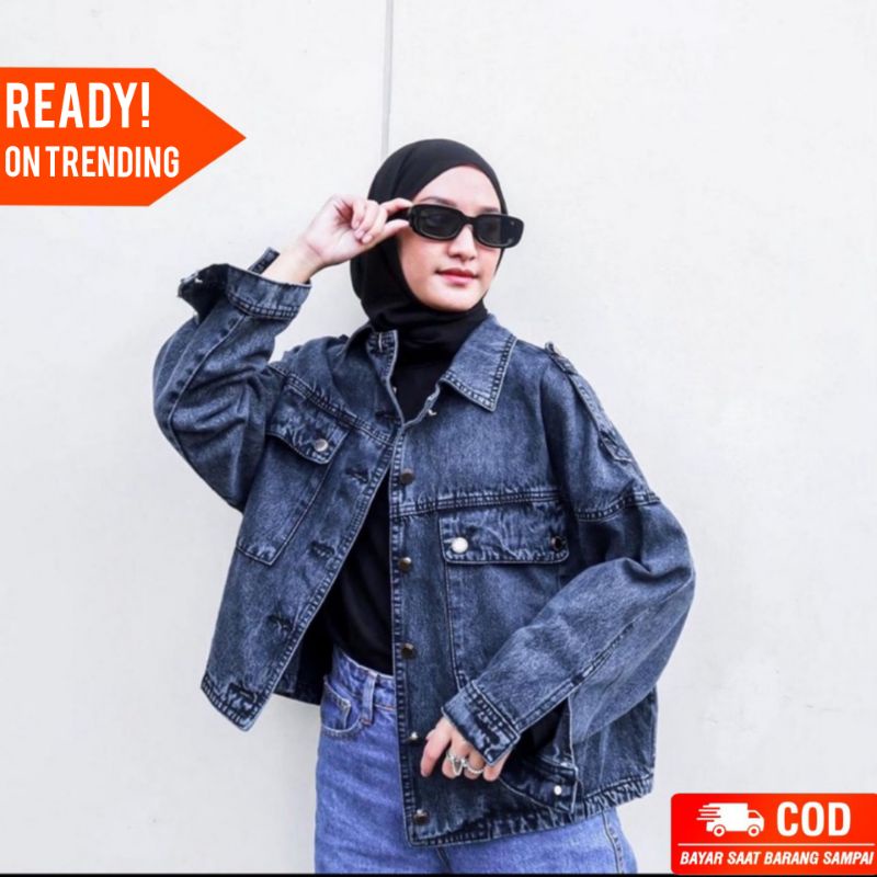Jaket Jeans Oversize LD 110 - 150 // Jaket Jumbo Saku Wanita Sandwash Denim Premium-2