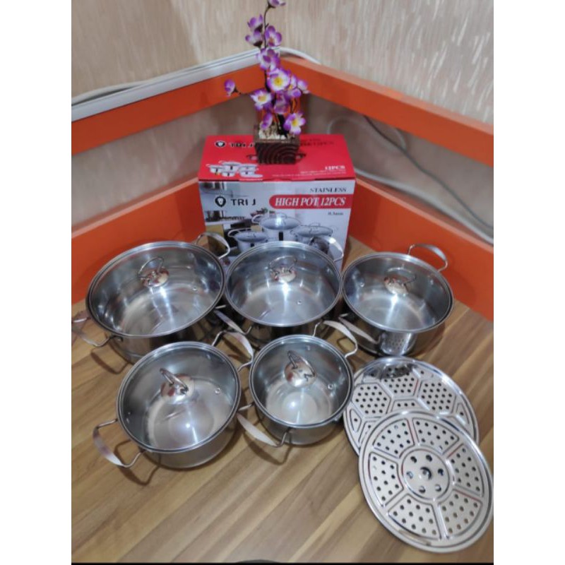Panci Masak High Pot Set Stainless Serbaguna Tutup Kaca + Steamer Tri - J
