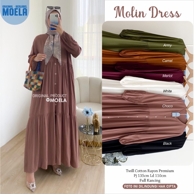 Gamis dress rayon polos Amora/Anse/Celin/Baisa/Biumi/Molin/Ciaji/Jihas/Flate/Tosti/Milly/Tisa/Siuti/Chesa/Fimel/Yapi/Lilci/Balo/Polse/Rensi/Silom/Neta/Rome by Moela berlabel-Molin choco