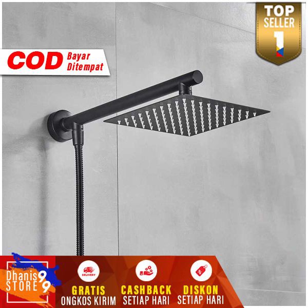 Kepala Wall Rain Shower Tanam Tembok Dinding Kamar Mandi Tempel Rainfall Sower Hujan Nempel Stainless Steel Hitam Gold Emas Bentuk Kotak Estetik 8 Inci