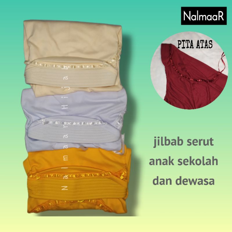 hijab anak sekolah bergo jilbab instan serut pita atas warna krem putih kuning