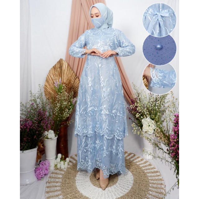 [COD]- GAMIS Tingkat Tulle MUTIARA Terbaru Brokat Tille Gamis PESTA GAMIS KEKINIAN Gamis Modern-Babyblue