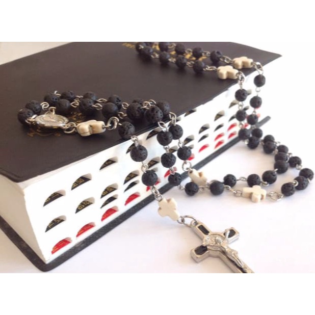 Kalung Rosario Batu Lava Essential Oil 6mm Salib Putih White Marble