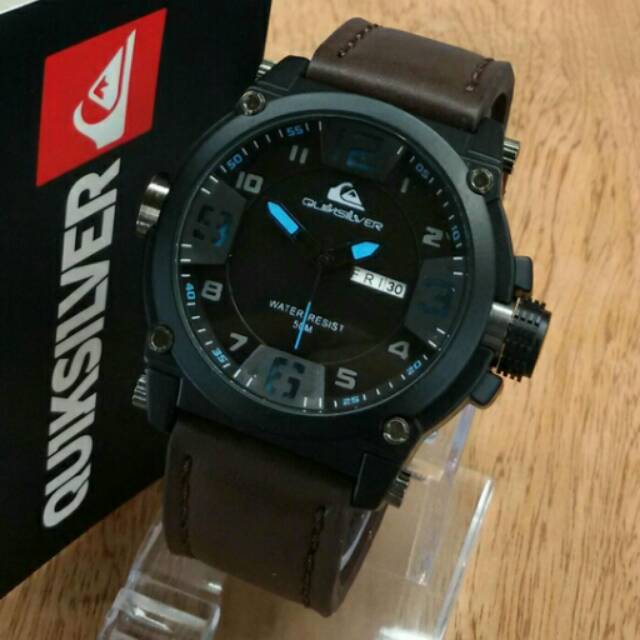 (Free Ongkir) Best Seller Jam Tangan Pria Quiksilver Tali Kulit Coklat Tua List Biru