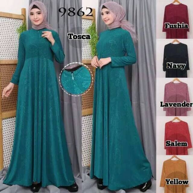 Baju gamis wanita terbaru gamis jumbo xl gamis polos jersey embos 9862-navy
