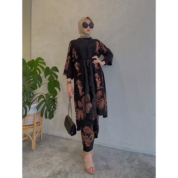 NEW SETELAN BAJU BATIK WAYANG ATASAN OUTER LONG CARDIGAN MIX RENDA SET ROK LILIT CELANA KULOT BATIK 