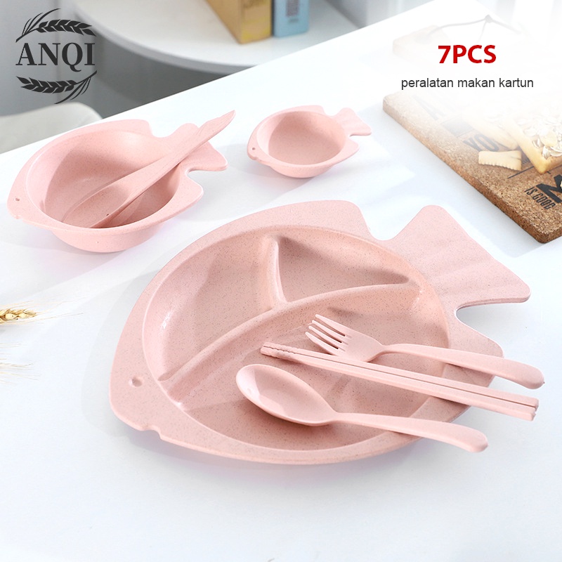 ANQI 1888 Piring 7 IN 1 Anak Piring Makan lucu Karakter Ikan Piring Makan Saji  Ramah Lingkungan  Biodegradable