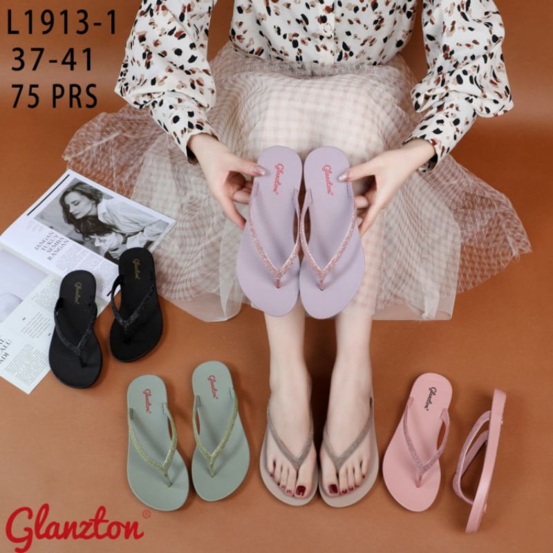 L1931-1 Sandal Jepit Karet Jelly Wanita Tali Glitter Blink Glanzton Import L1931 Impor Glanston Glaston Sendal Japit Flat Cewek Perempuan Gliter L1913-1 L1912 L1913 L1870 Teplek Anti Air Terbaru Murah 37-41