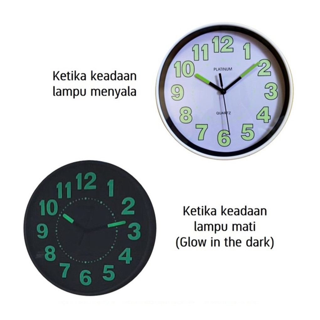 Jam Dinding Platinum Glow In The Dark Putih 20cm Warna Putih Free baterai