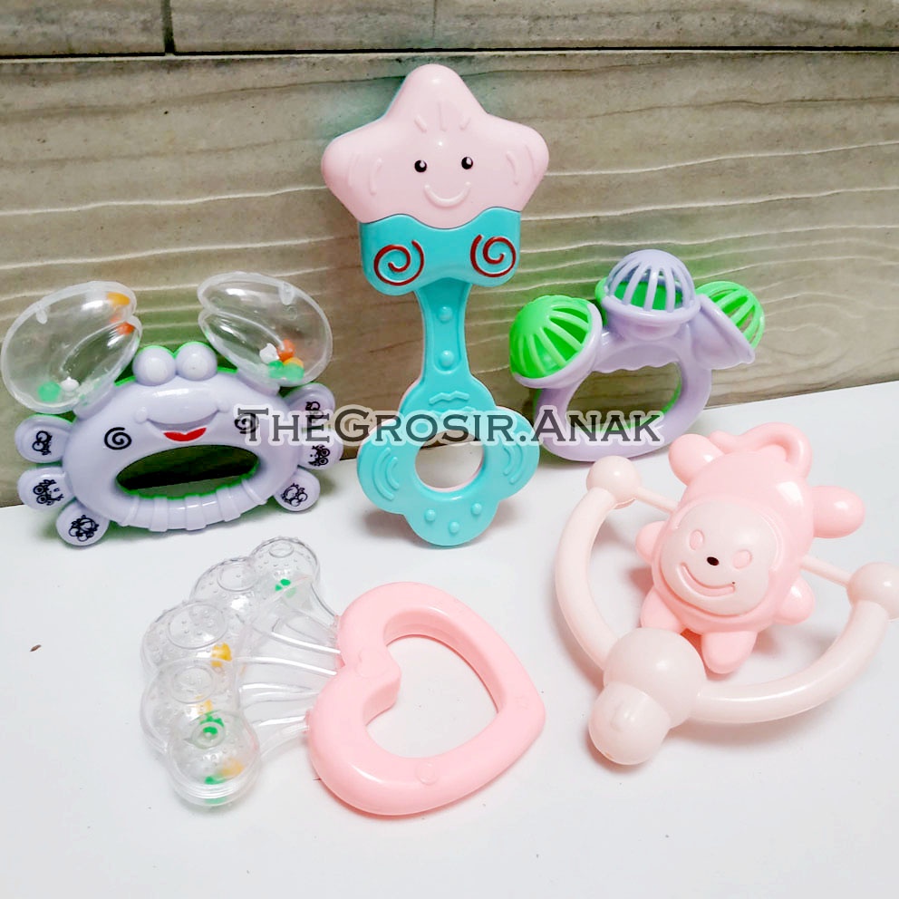 Hand Bell Toys ISI 5 Mainan Bayi Rattles Rattle Kerincingan Bentuk Kepiting Bintang Monyet