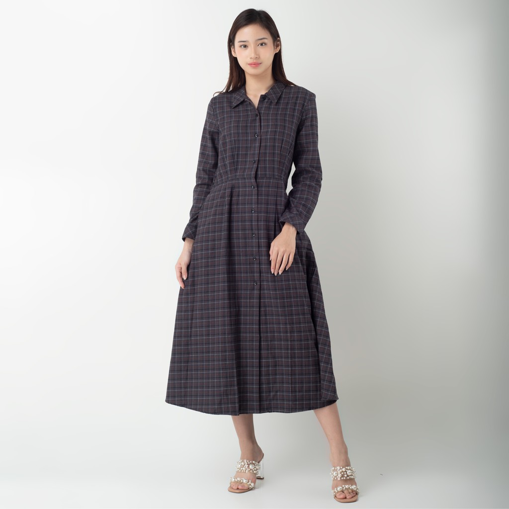 Benhill Gamis Wanita Flannel Lengan Panjang Kotak Abu 0700-11630