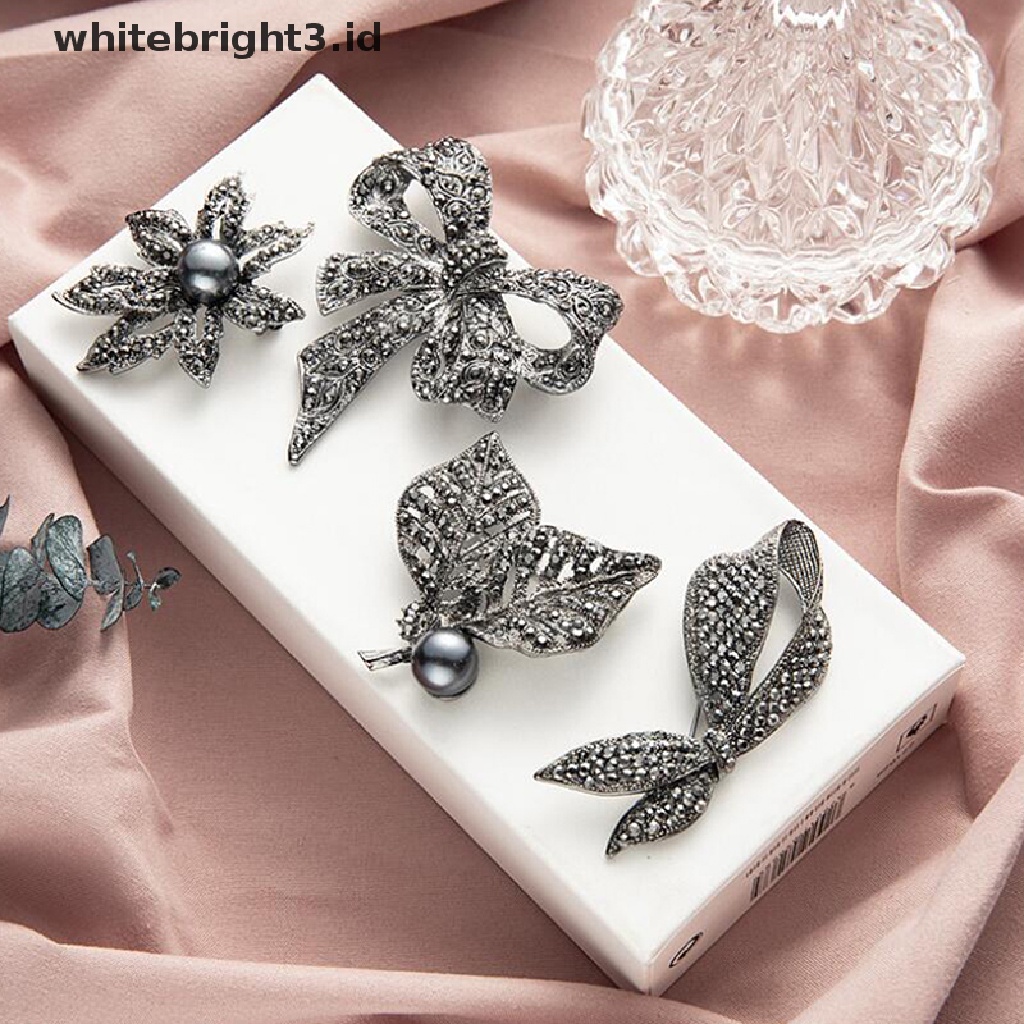 {whitebright3.id} Retro Black Crystal Pearl Flower Bow Shape Brooch Scarf Pin Jewelry Accessories ,