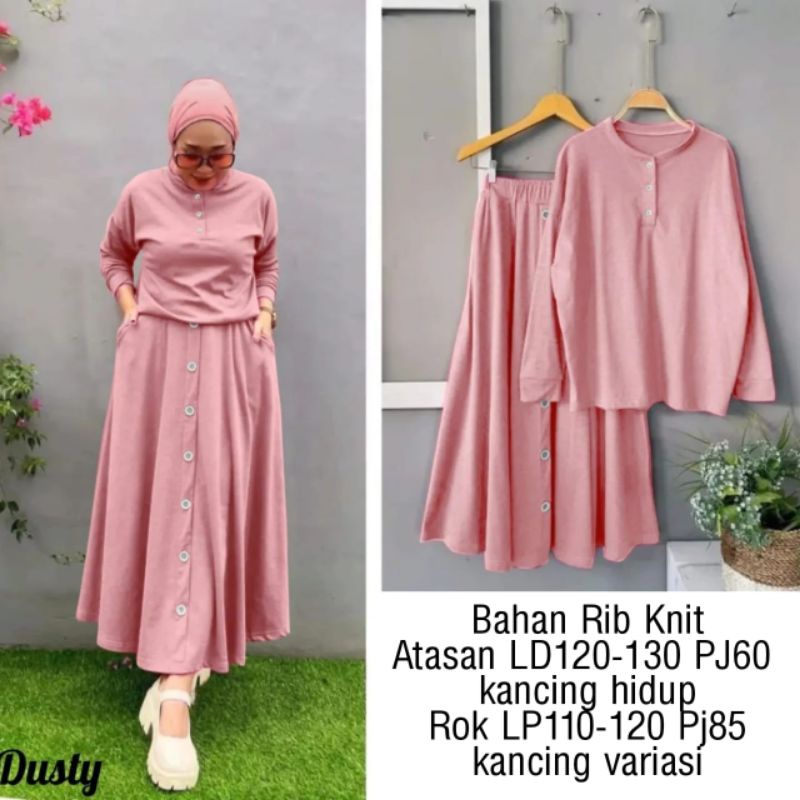 SET ROK, BUTTON, HARUKA, RIB KNIT, GAMIS HIJAB MUSLIM, SETELAN, 3 UKURAN