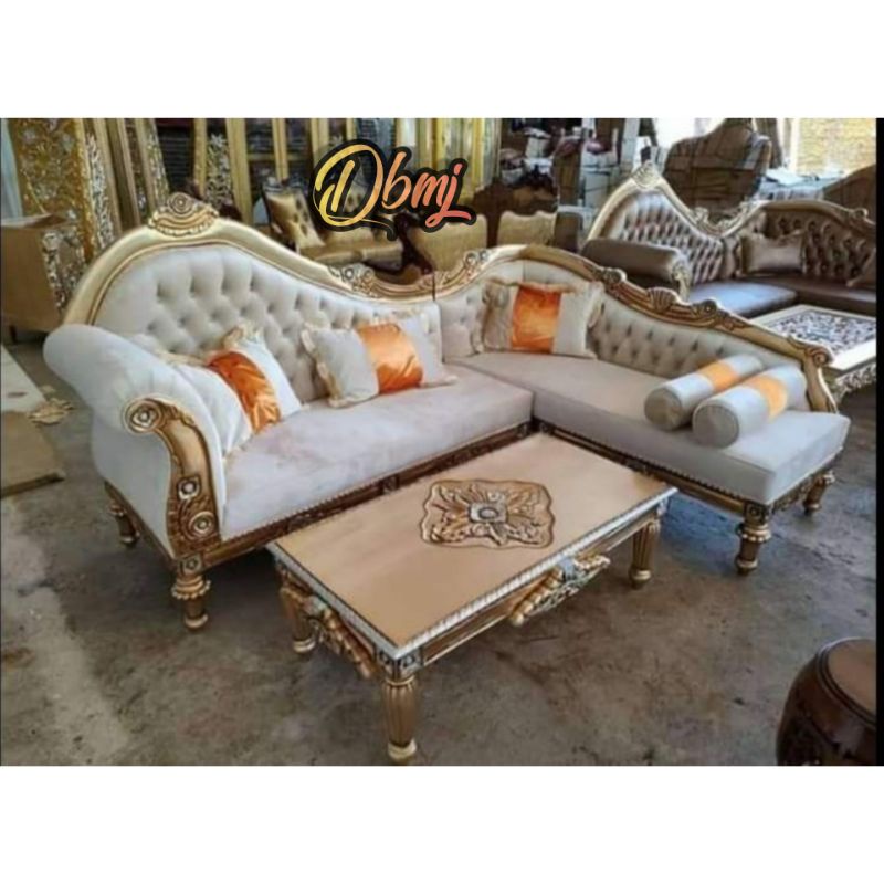 KURSI TAMU SUDUT JATI UKIR MODERN, KURSI SOFA TAMU SUDUT GOLD JATI UKIR BERKUALITAS