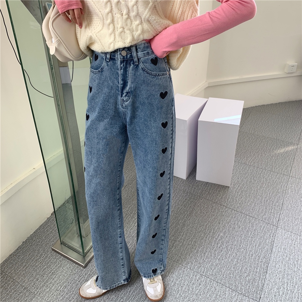 Heart Embroidery Celana Jeans Wanita Terbaru Kekinian Highwaist Celana Panjang Kulot jeans Boyfriend Loose