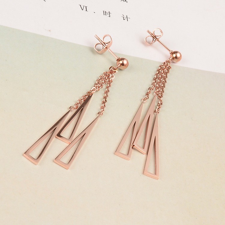 Anting Titanium Rose Gold Asli Wanita Fashion Anti Karat Murah AA027 motif juntai bawah elegant