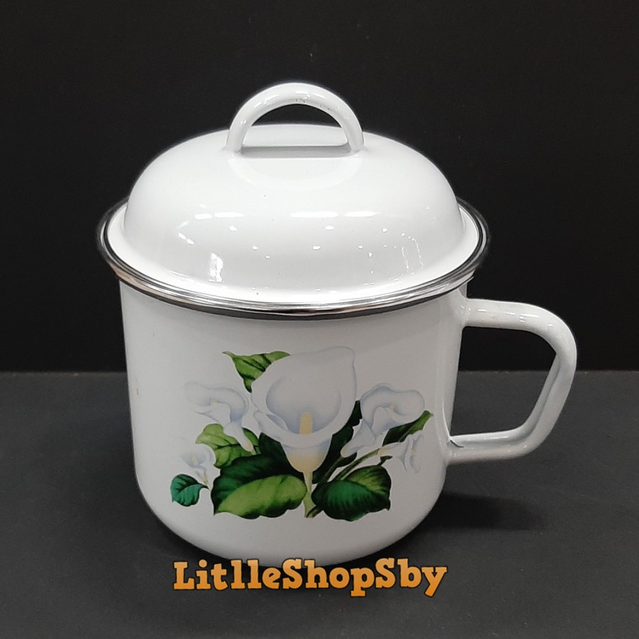 Cangkir Mug Gelas Enamel 14cm Bunga Tulip Putih