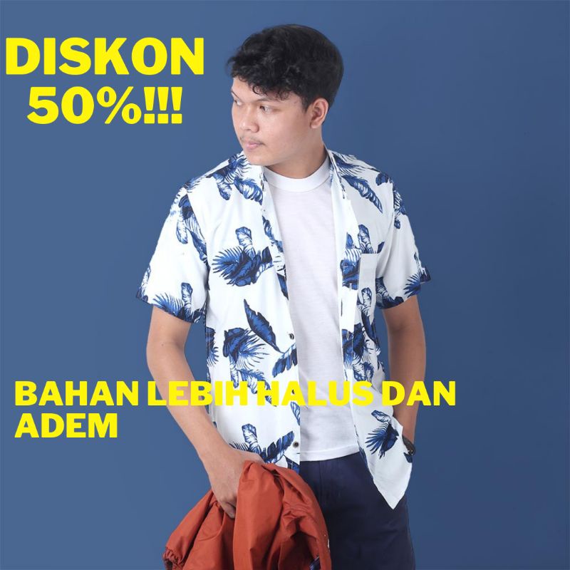 kemeja pria putih printing casual premium adem ori kemeja Hawai pantai