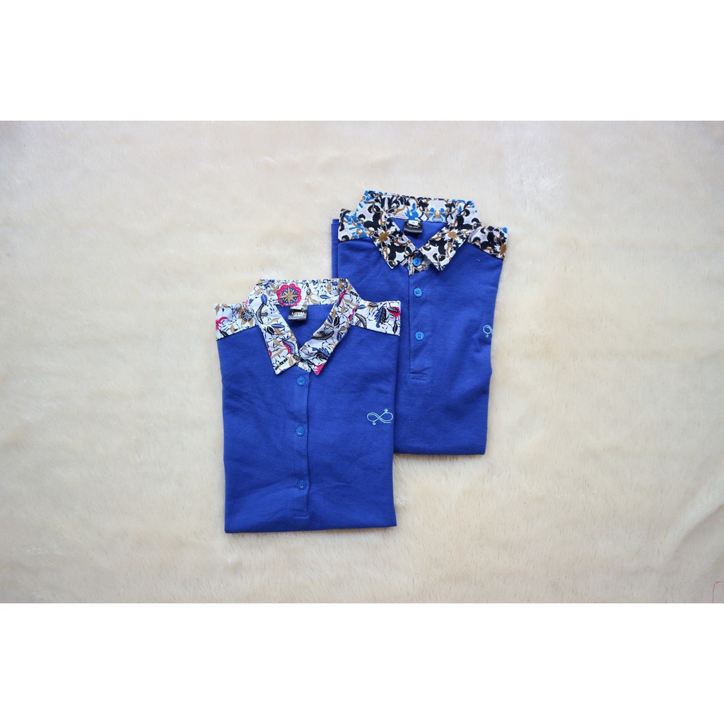 yal Couple Kaos Polo Batik Biru Modern Pria Dan Wanita M L XL XXL