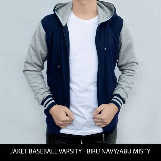 Jaket Polos Baseball Varsity Hoodie - Biru Navy & Hitam Abu Misty