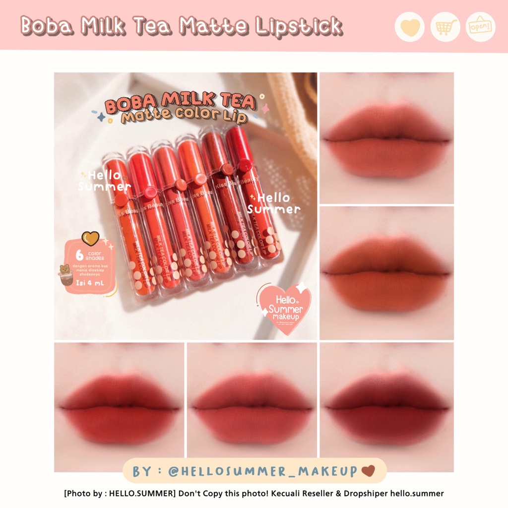𝐌𝐀𝐓𝐓𝐄 𝐋𝐈𝐏𝐒𝐓𝐈𝐂𝐊 - Kiss Beauty Boba Milk Tea Color Liquid  Matte Lipstick Tahan Lama 4ml