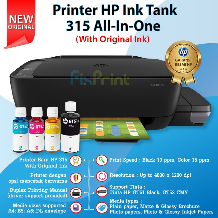 Printer HP Ink Tank 315 All in One Inktank HP 315 infus Pabrik Print Scan Copy Print Foto Multifungsi Color Photo 319