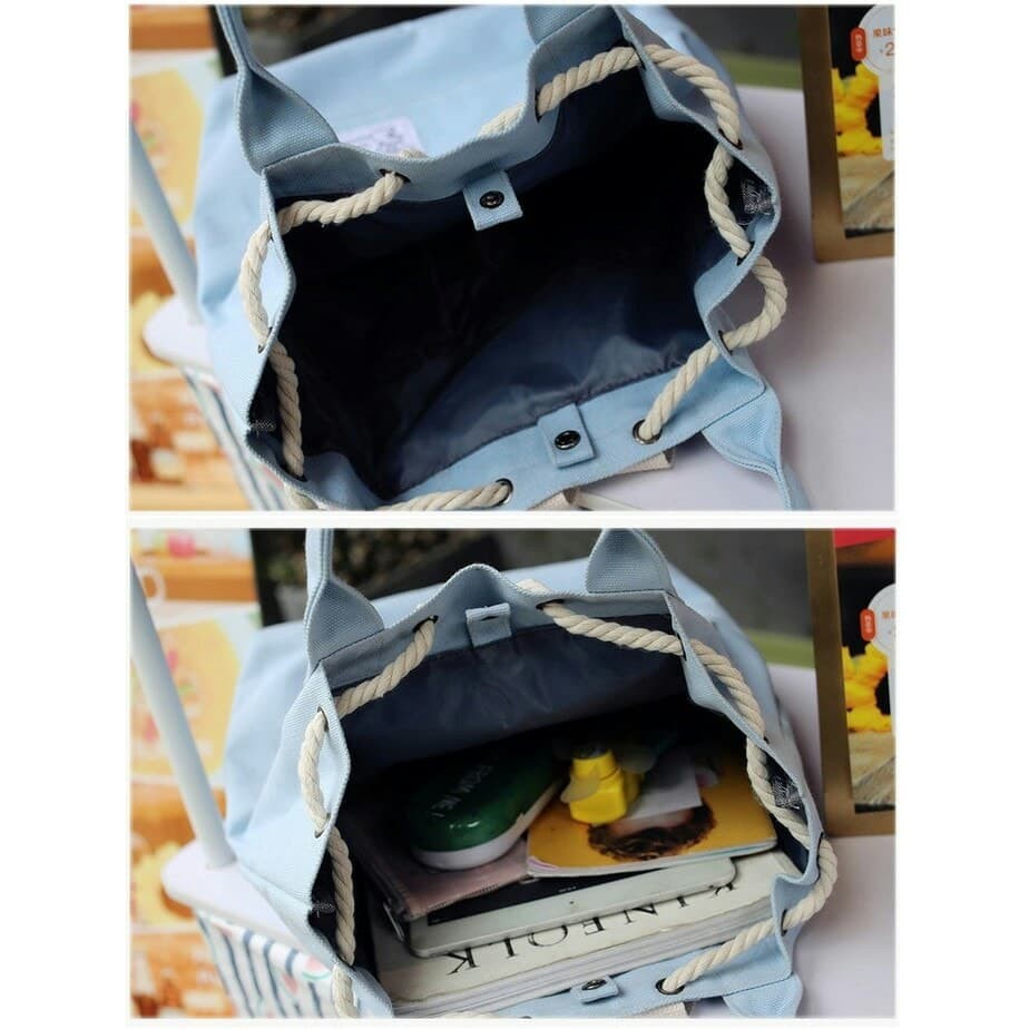 Backpack Tas ransel serut kanvas wanita 2 way - tote bag canvas import - Biru Muda