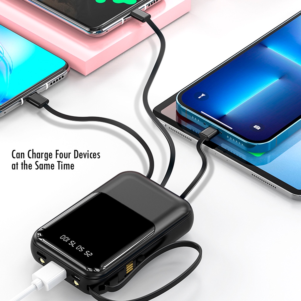 BENCO Powerbank 12000 mAh Quick Charge Fast Charge dengan 4 Kabel Data Micro USB Lightning Type-C dan Senter Power Bank Built in Cable LED Display Mini Size Android iOS Real Capacity