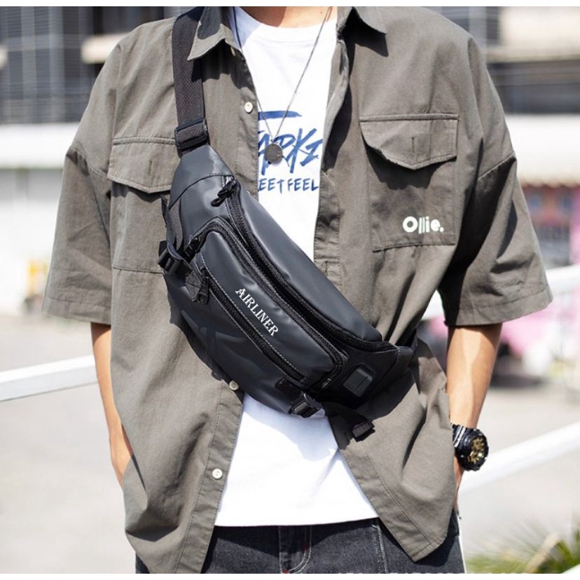 Tas Pinggang Pria Waistbag Import Waterproof Dual USB Portable Tas Sepeda Pria Tas Slempang Dada