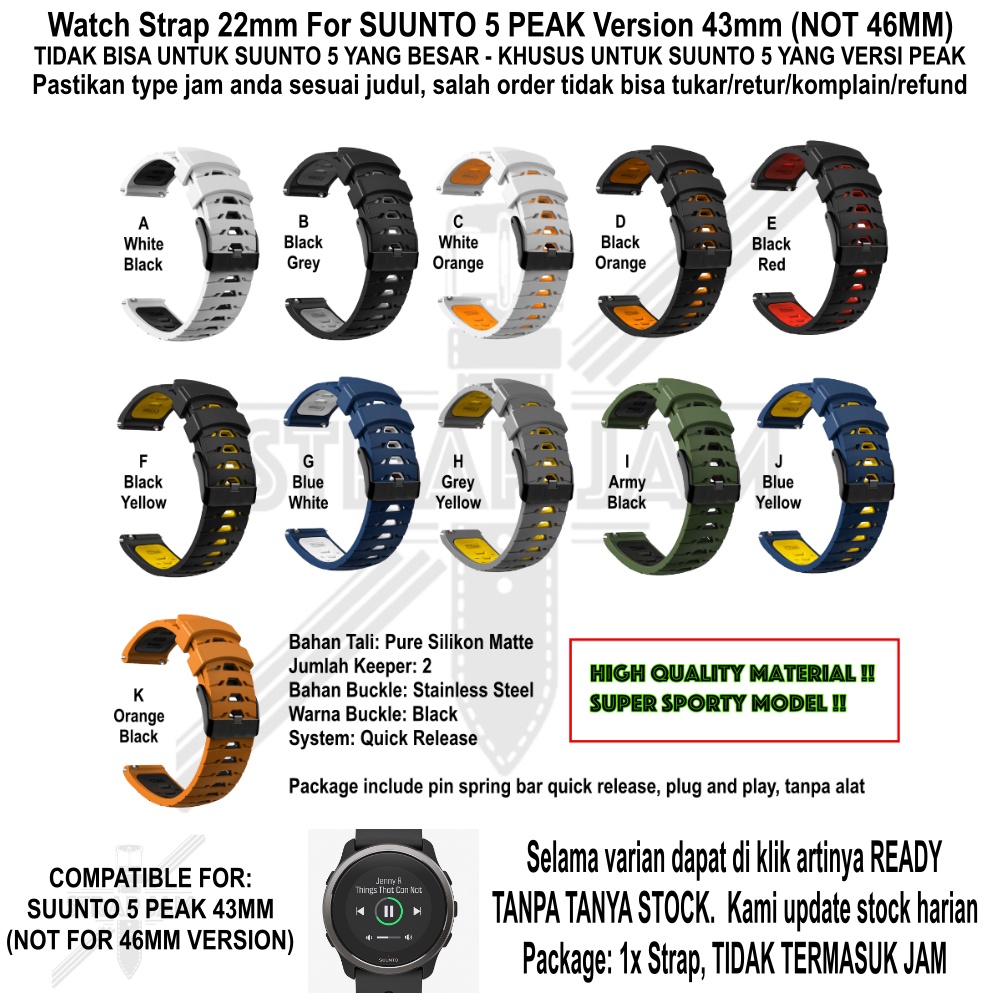 GTO 22mm Strap Suunto 5 Peak 43mm (PEAK VERSION) - Tali Jam Rubber Silikon Model Keren