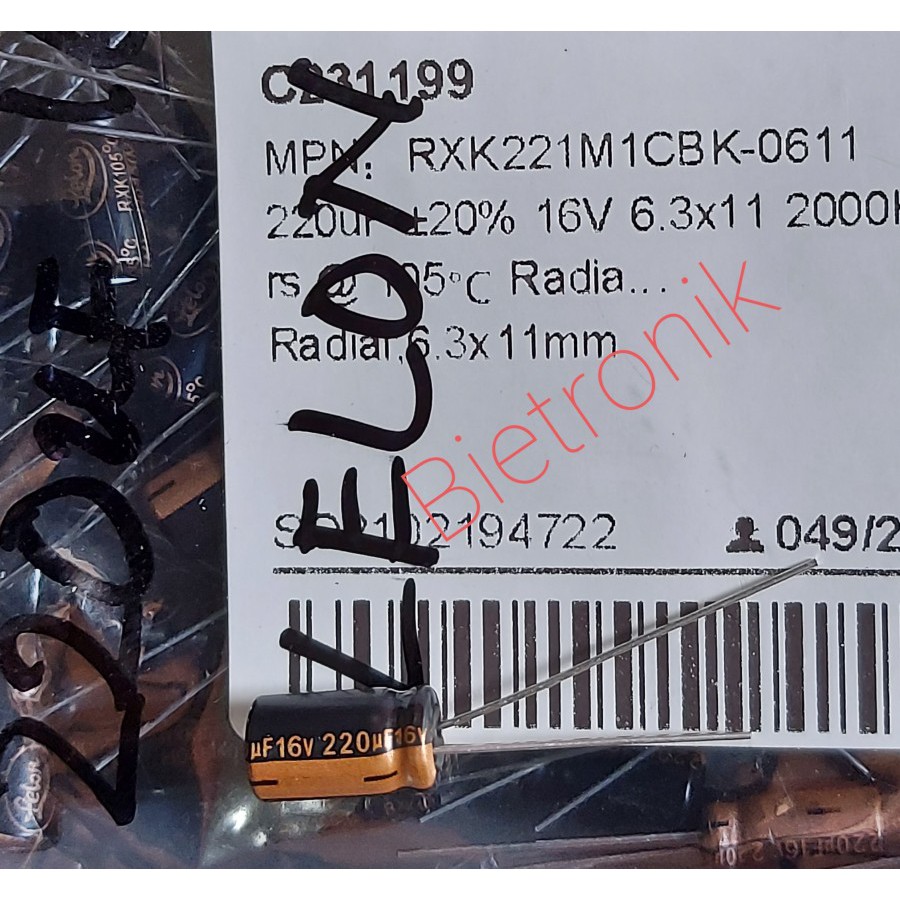 Kapasitor 220uF 16V 2000Hrs Original Lelon
