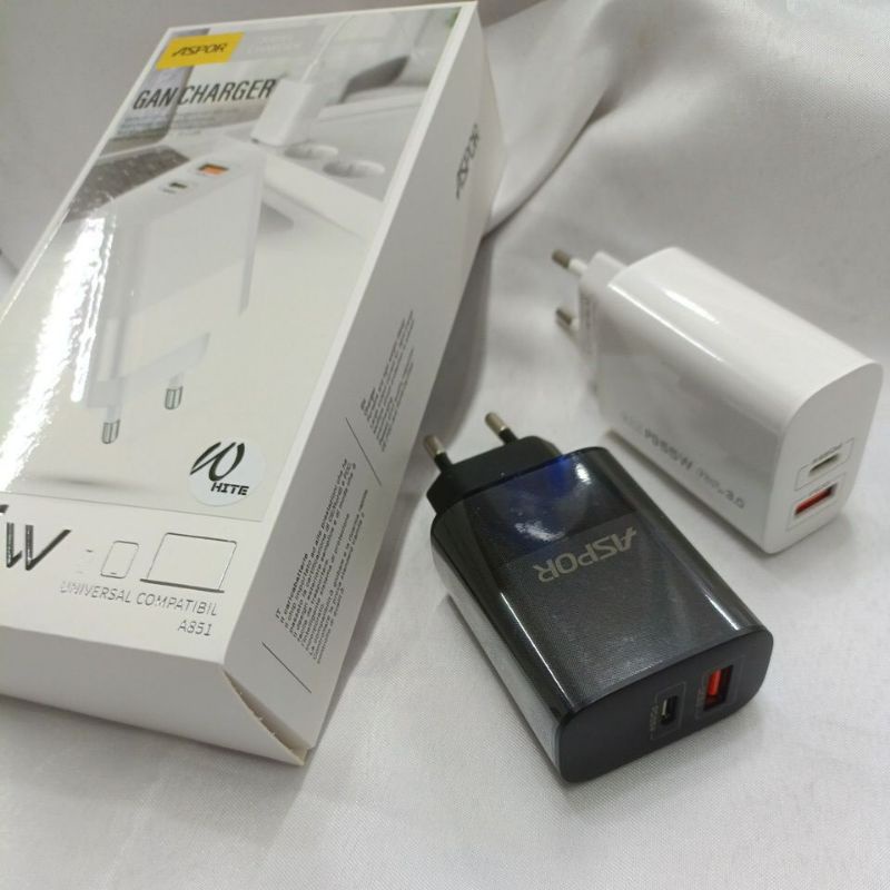 Gan Charger 65 watt Aspor original type-C &amp; Usb A Fast charge mirip Baseus