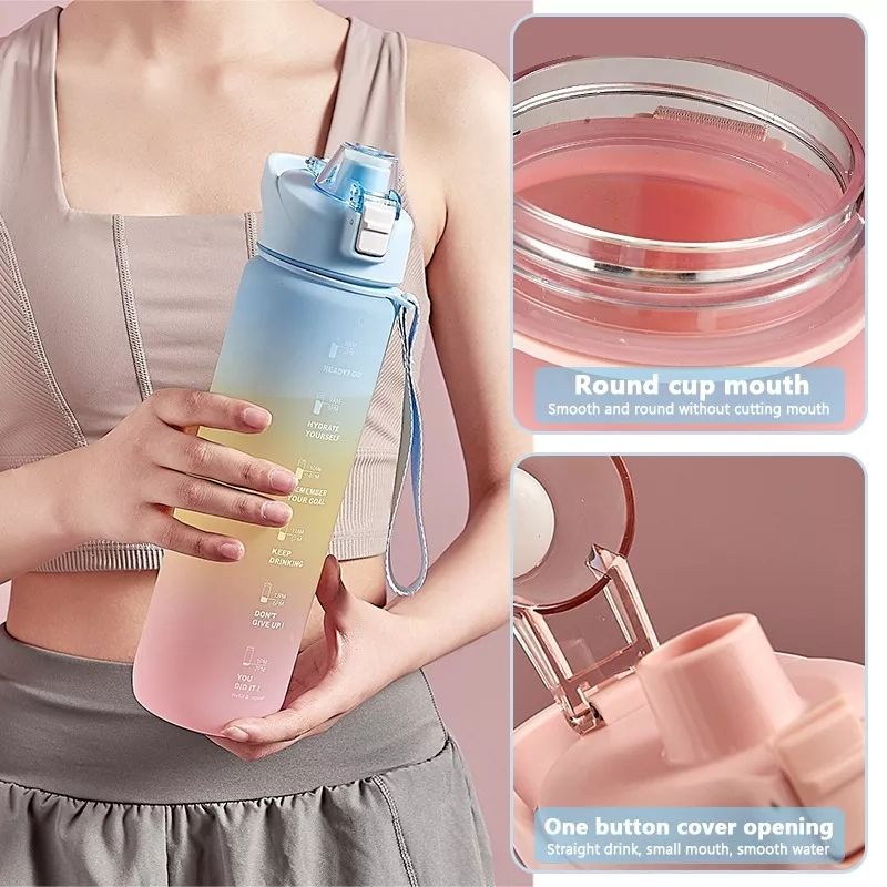 READY! Botol minum anak 1L tutup Flip dengan Penanda waktu kapasitas 1liter/ Botol Minum Anak 1L/TUMBLER