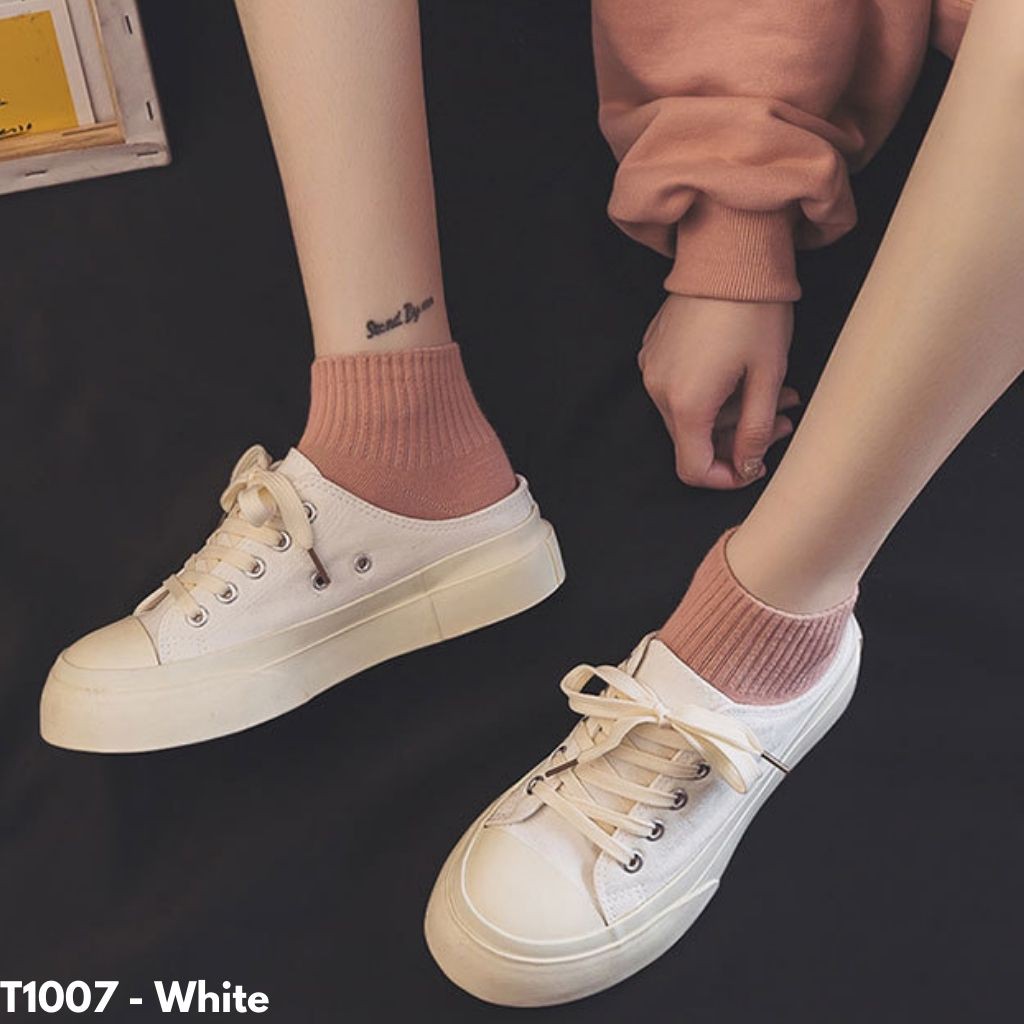 SEPATU SNEAKERS TINGGI WANITA SLOP IMPORT KANVAS SOLE KARET HITAM PUTIH NYAMAN LEMBUT T1007 TERBARU