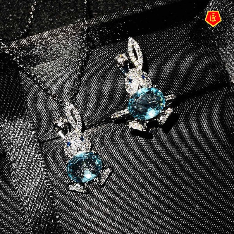 [Ready Stock]Micro-Inlaid Diamond Cute Rabbit Stud Earrings Topaz Pendant Suit