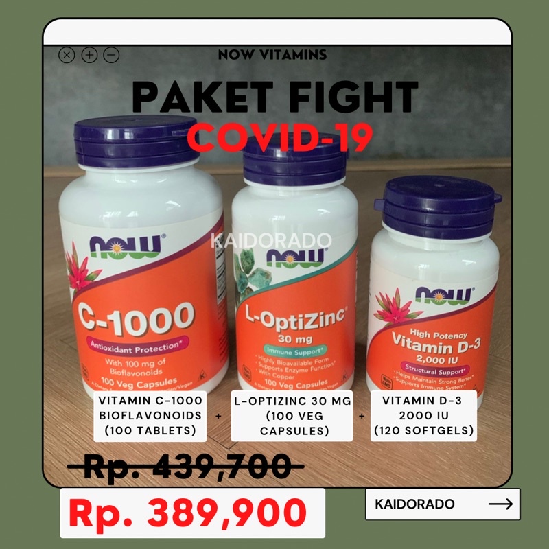 [Paket Fight Covid-19] NOW Foods Vitamin C-1000 + Vitamin D-3 2000 IU + L-Optizinc 30 mg