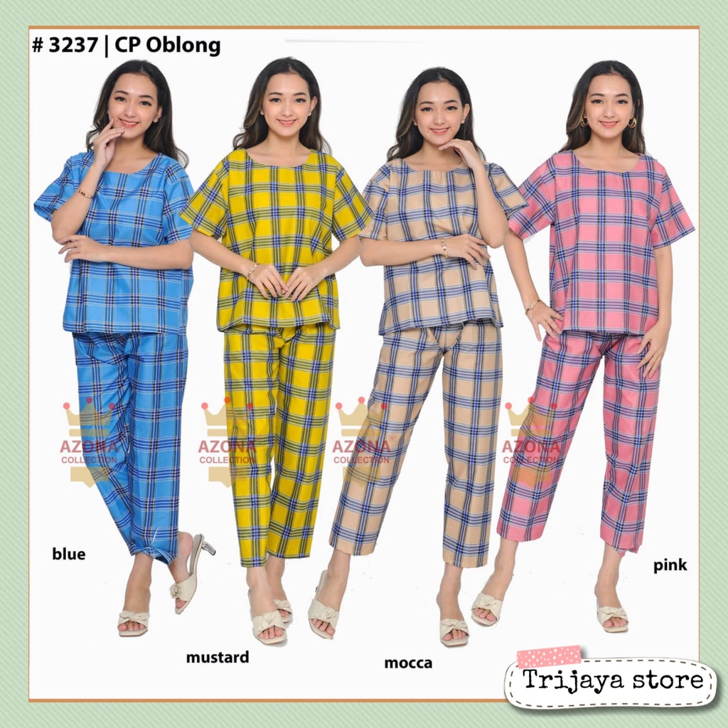 Trijaya . piyama CP dewasa oblong all size / baju tidur wanita celana panjang motif list kotak