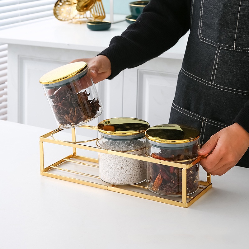 Set Toples Kaca Dengan Gold Rak Stainless / Set Triple Gold Rack