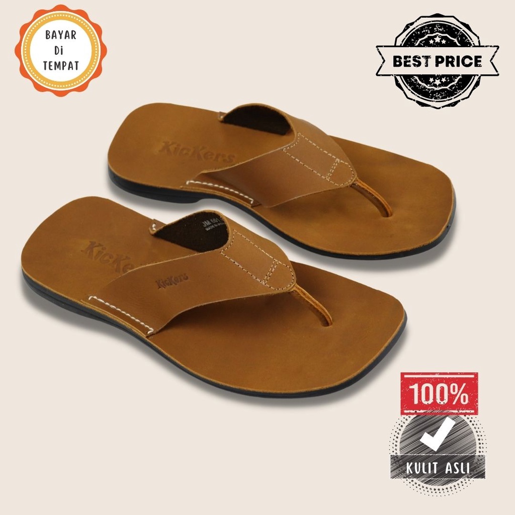 Sandal Jepit Pria Full Kulit Sapi Asli Slide Sandal Casual Pria 602 Tan