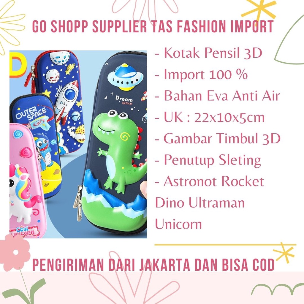 Kotak Pensil 3D Anti Air - Kotak Pensil Anak Import Karakter Lucu - Tempat Pensil Timbul 3D karakter Unicorn Dino Astronot Rocket [KP01]