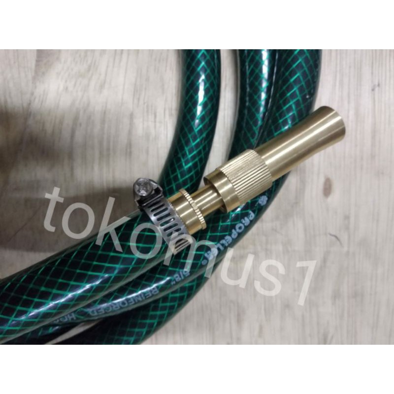 PAKET SELANG AIR BENANG HIJAU ANTI LUMUT1/2&quot;- 5/8&quot; INCHI + SEMPROTAN AIR LURUS KUNINGAN BONUS KLEM 2 PCS GARDENHOSE/SELANG